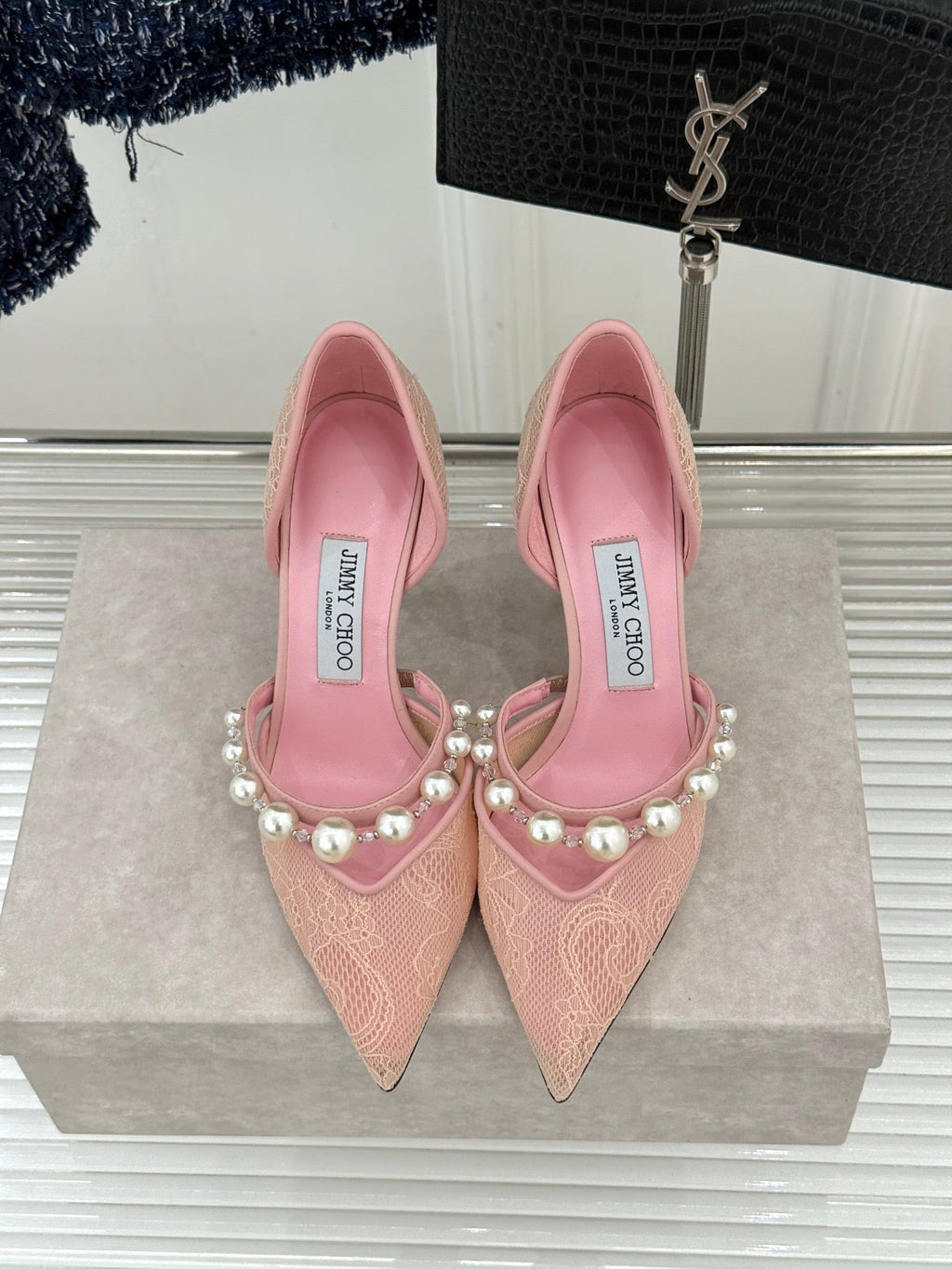 JIMMY CHOO 26S HIGH HEELS 65 MM IN LIGHT PINK LACE PEARL-EMBELLISHED