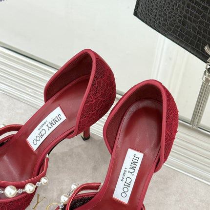 JIMMY CHOO 26S HIGH HEELS 85 MM IN DARK RED LACE PEARL-EMBELLISHED
