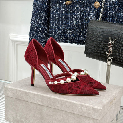 JIMMY CHOO 26S HIGH HEELS 85 MM IN DARK RED LACE PEARL-EMBELLISHED