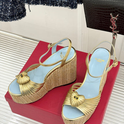 VALENTINO 26S ESPADRILLE WEDGE SANDALS 120 MM IN GOLD CALFSKIN