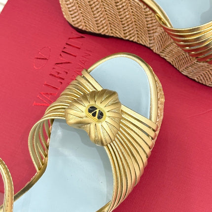 VALENTINO 26S ESPADRILLE WEDGE SANDALS 120 MM IN GOLD CALFSKIN