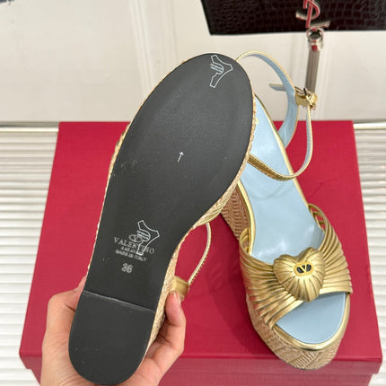 VALENTINO 26S ESPADRILLE WEDGE SANDALS 120 MM IN GOLD CALFSKIN