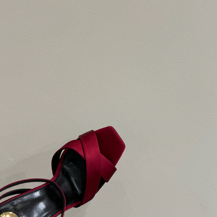 YSL STRAPPY WEDGE SANDALS 25S IN DARK RED SATIN