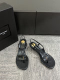 YSL WEDGE THONG SANDALS 25S IN BLACK LAMBSKIN WITH GOLD HARDWARE