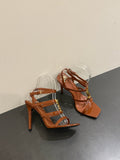 YSL SINGLE-STRAP HEELED SANDALS 25S IN BROWN LAMBSKIN