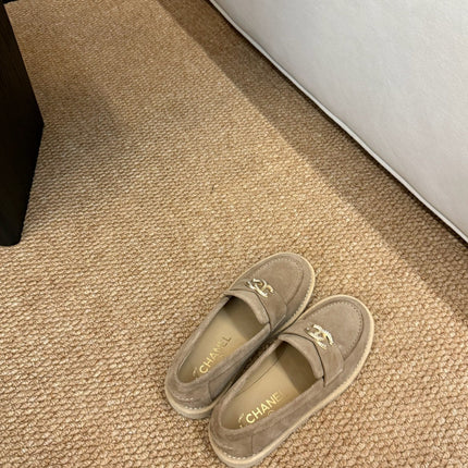 CHANEL 26S LOAFER IN TAUPE BROWN SUEDE CC LOGO