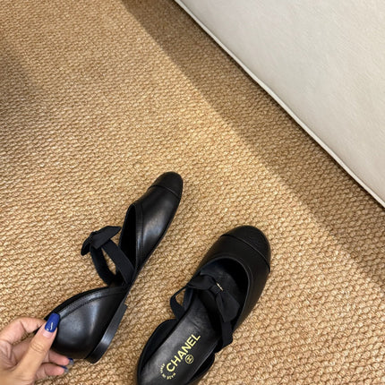 CHANEL 26S MARY JANE SLINGBACK FLATS IN BLACK CALFSKIN CAP TOE RIBBON STRAP
