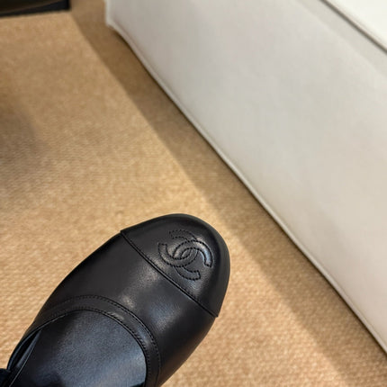 CHANEL 26S MARY JANE SLINGBACK FLATS IN BLACK CALFSKIN CAP TOE RIBBON STRAP