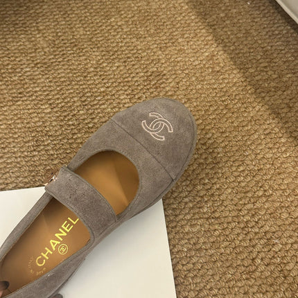 CHANEL 26S MARY JANE FLATS IN TAUPE  BROWN SUEDE CC LOGO