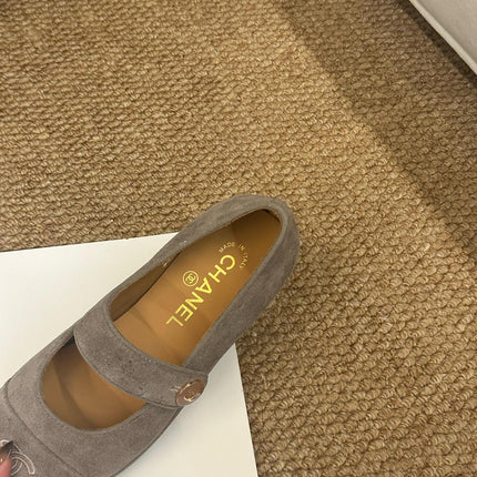 CHANEL 26S MARY JANE FLATS IN TAUPE  BROWN SUEDE CC LOGO