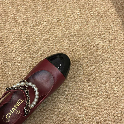CHANEL 26S MARY JANE PEARL STRAP HIGH HEELS IN BURGUNDY RED CALFSKIN