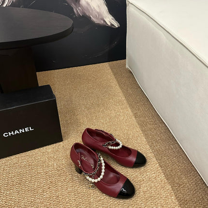 CHANEL 26S MARY JANE PEARL STRAP HIGH HEELS IN BURGUNDY RED CALFSKIN