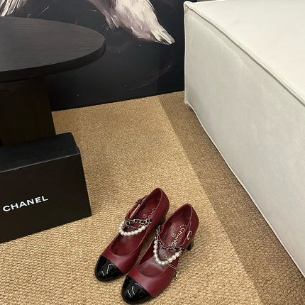 CHANEL 26S MARY JANE PEARL STRAP HIGH HEELS IN BURGUNDY RED CALFSKIN