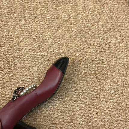 CHANEL 26S MARY JANE PEARL STRAP HIGH HEELS IN BURGUNDY RED CALFSKIN