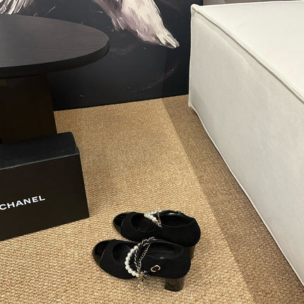 CHANEL 26S MARY JANE PEARL STRAP HIGH HEELS IN BLACK CALFSKIN