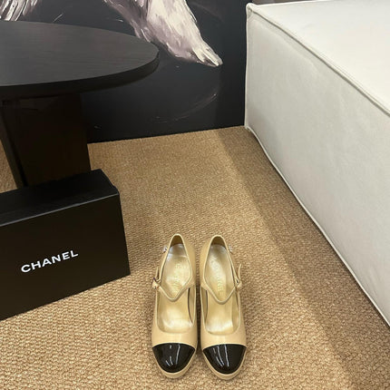 CHANEL 26S MARY JANE HEELS IN BEIGE CALFSKIN WITH BLACK CAP TOE