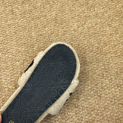 LOEWE 26S FLUFFY SLIDE SANDALS IN LIGHT BROWN SHEARLING LOGO