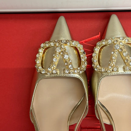 VALENTINO 26S HIGH HEEL SLINGBACKS IN METALLIC GOLD CALFSKIN WITH CRYSTAL