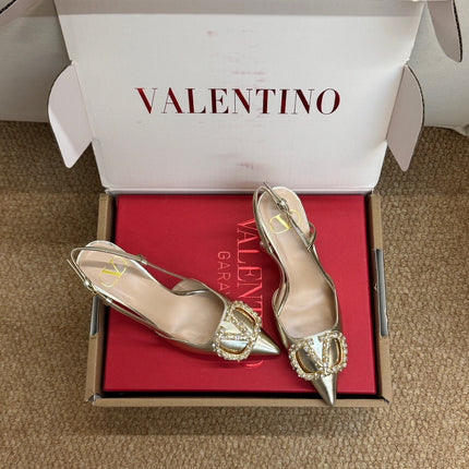 VALENTINO 26S HIGH HEEL SLINGBACKS IN METALLIC GOLD CALFSKIN WITH CRYSTAL