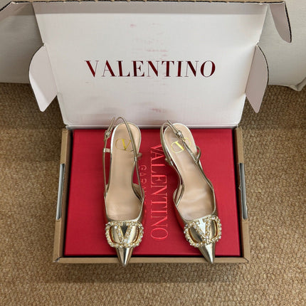 VALENTINO 26S HIGH HEEL SLINGBACKS IN METALLIC GOLD CALFSKIN WITH CRYSTAL