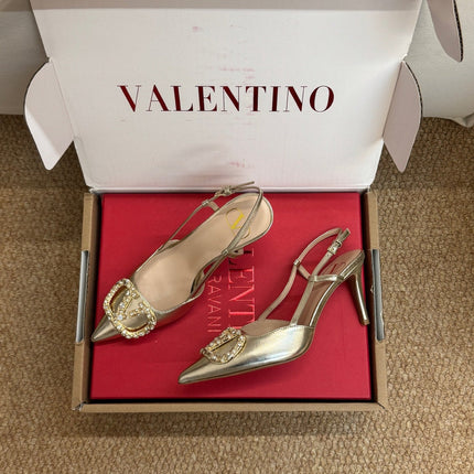 VALENTINO 26S HIGH HEEL SLINGBACKS IN METALLIC GOLD CALFSKIN WITH CRYSTAL