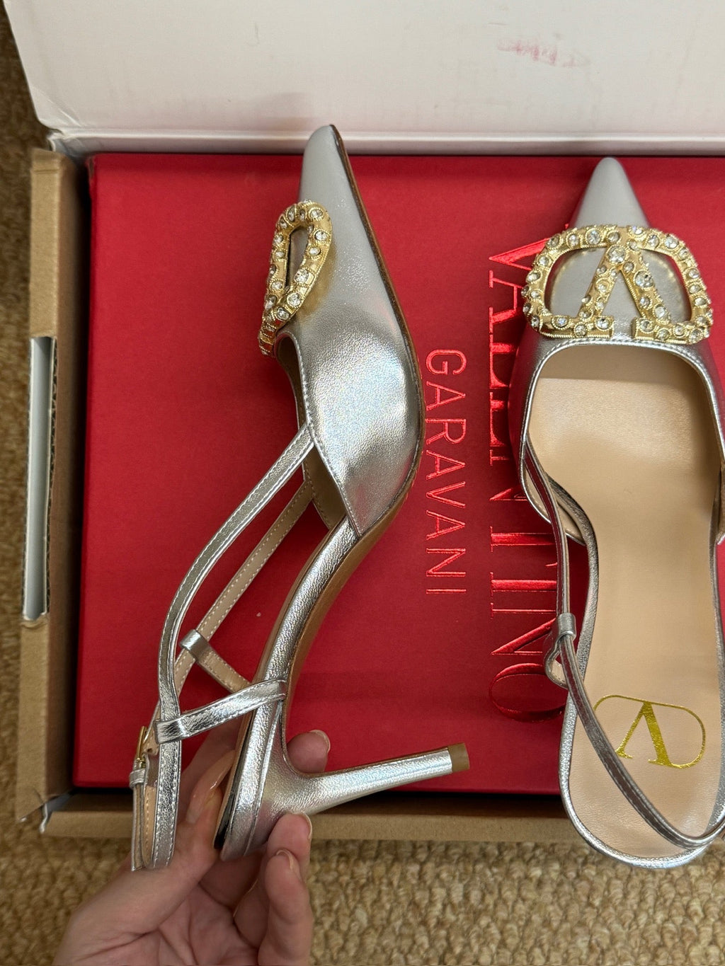 VALENTINO 26S HIGH HEEL SLINGBACKS IN METALLIC SILVER CALFSKIN WITH CRYSTAL
