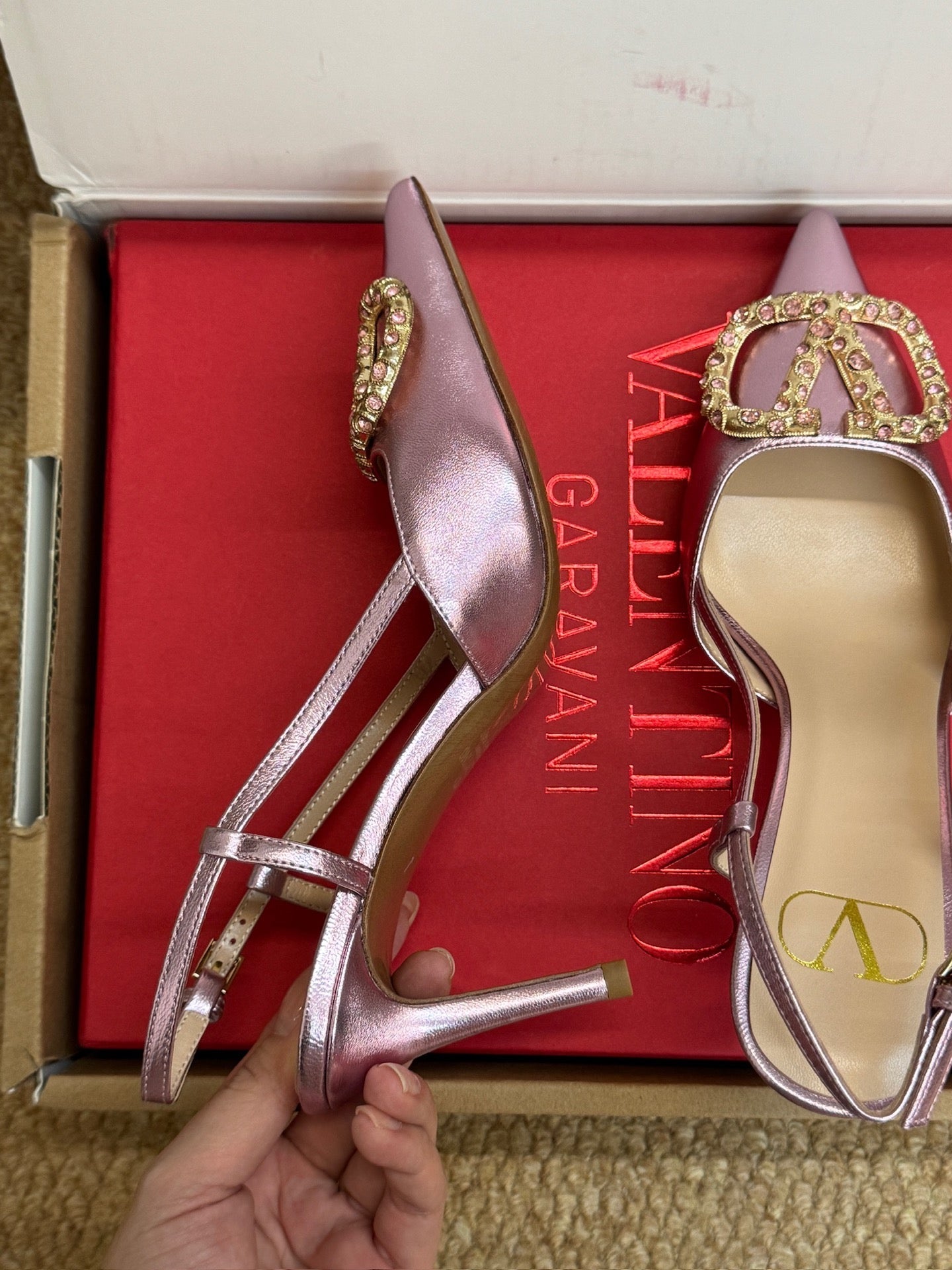 VALENTINO 26S HIGH HEEL SLINGBACKS IN METALLIC PINK CALFSKIN WITH CRYSTAL