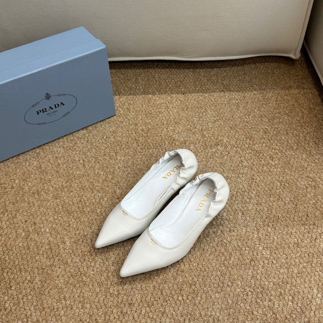 PRADA 26S POINTED TOE PUMPS 50MM IN WHITE CALFSKIN