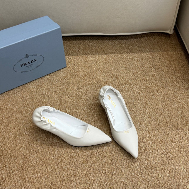 PRADA 26S POINTED TOE PUMPS 50MM IN WHITE CALFSKIN