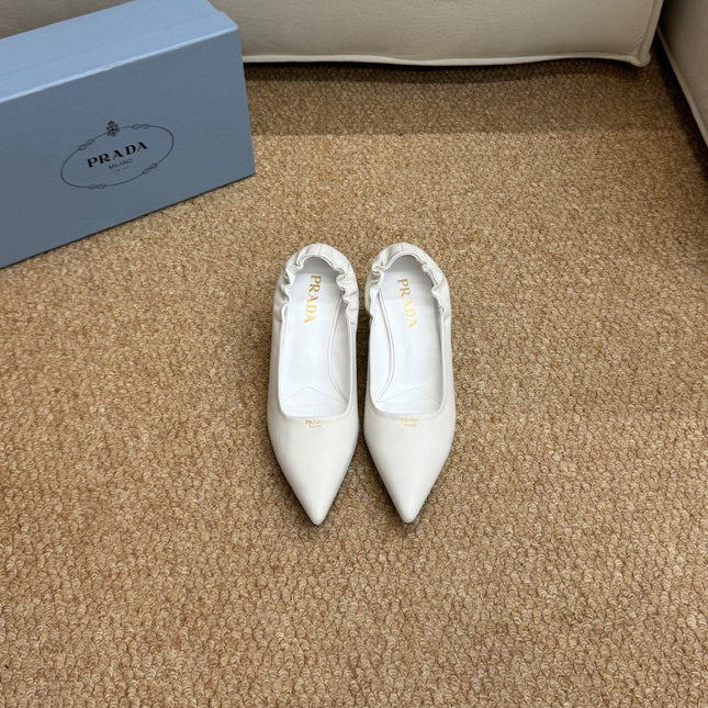 PRADA 26S POINTED TOE PUMPS 50MM IN WHITE CALFSKIN