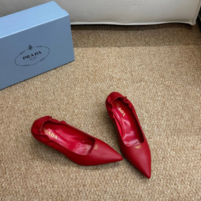 PRADA 26S POINTED TOE PUMPS 50MM IN RED CALFSKIN