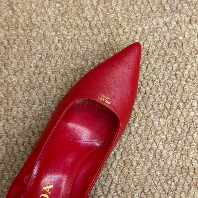 PRADA 26S POINTED TOE PUMPS 50MM IN RED CALFSKIN