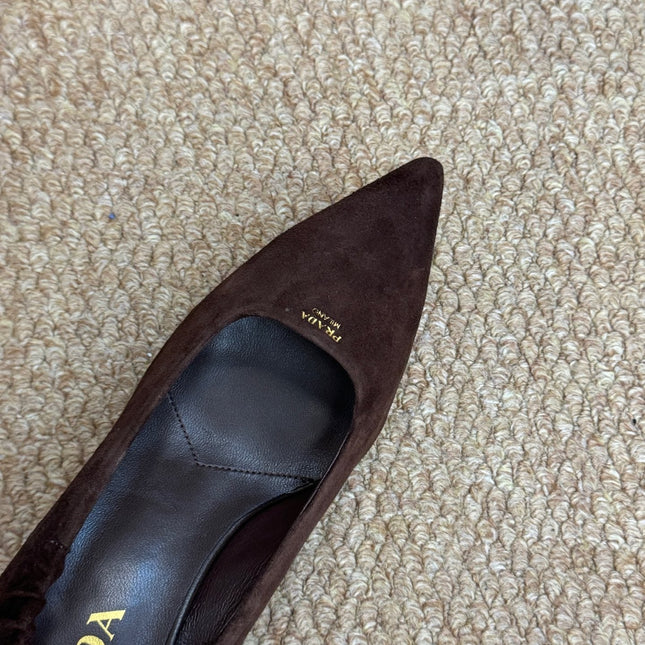 PRADA 26S POINTED TOE PUMPS 50MM IN DARK BROWN SUEDE