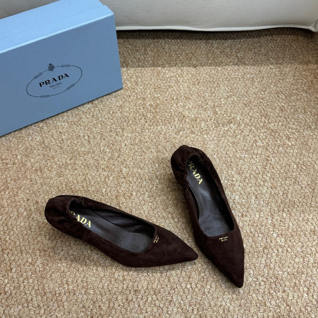 PRADA 26S POINTED TOE PUMPS 50MM IN DARK BROWN SUEDE