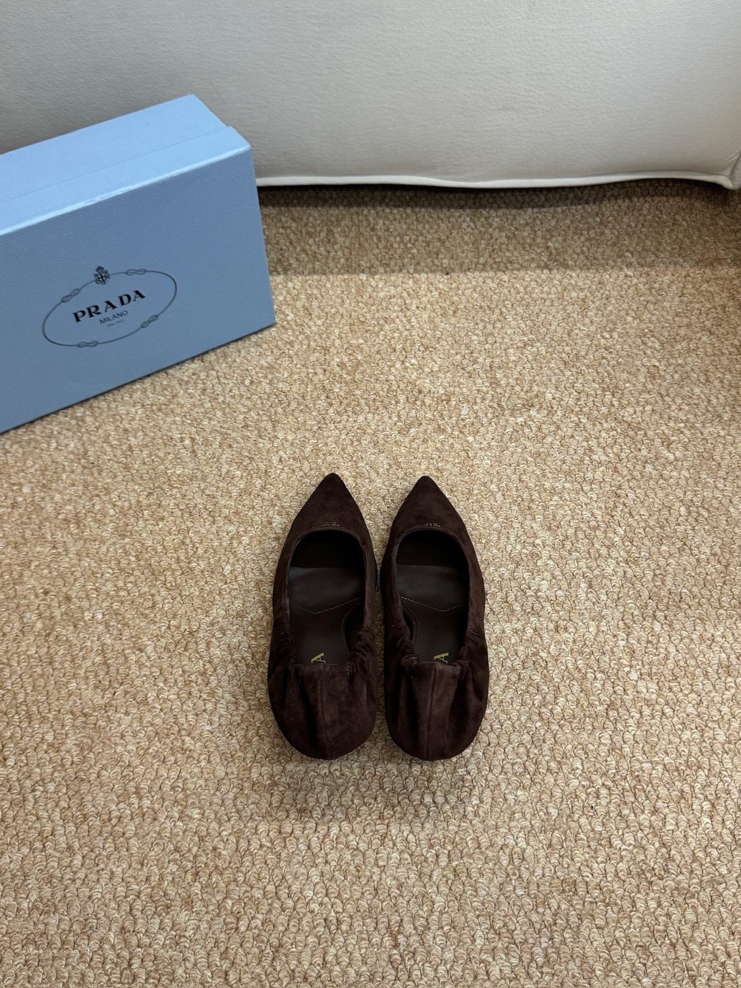 PRADA 26S POINTED TOE PUMPS 50MM IN DARK BROWN SUEDE