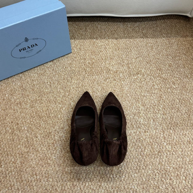 PRADA 26S POINTED TOE PUMPS 50MM IN DARK BROWN SUEDE