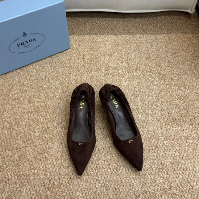 PRADA 26S POINTED TOE PUMPS 50MM IN DARK BROWN SUEDE