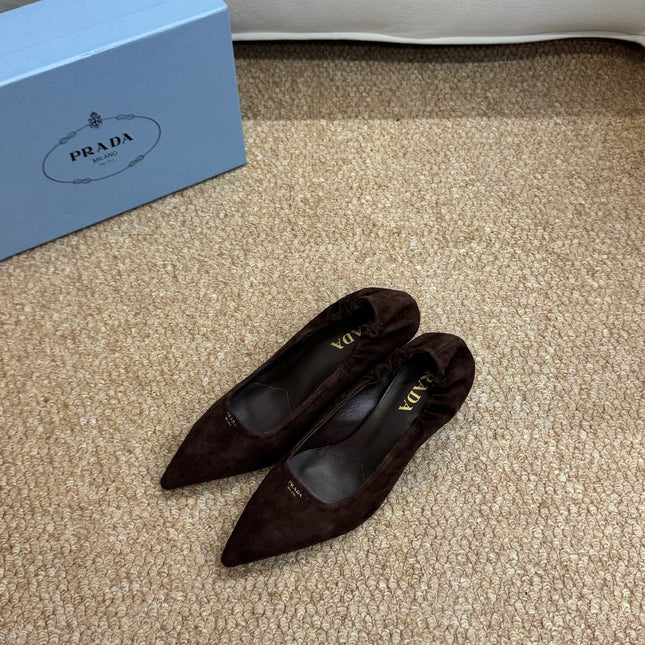 PRADA 26S POINTED TOE PUMPS 50MM IN DARK BROWN SUEDE
