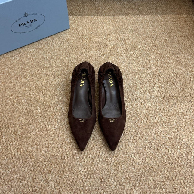 PRADA 26S POINTED TOE PUMPS 50MM IN DARK BROWN SUEDE