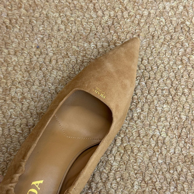 PRADA 26S POINTED TOE PUMPS 50MM IN BROWN SUEDE