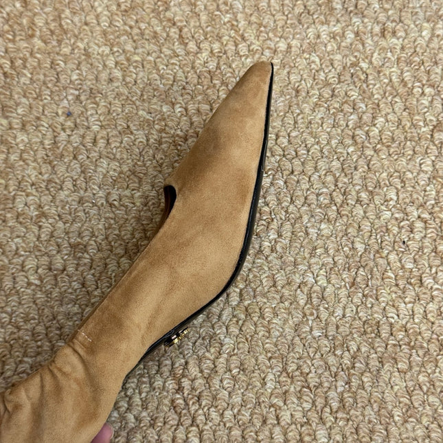 PRADA 26S POINTED TOE PUMPS 50MM IN BROWN SUEDE