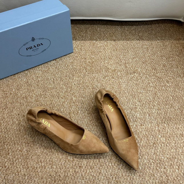 PRADA 26S POINTED TOE PUMPS 50MM IN BROWN SUEDE
