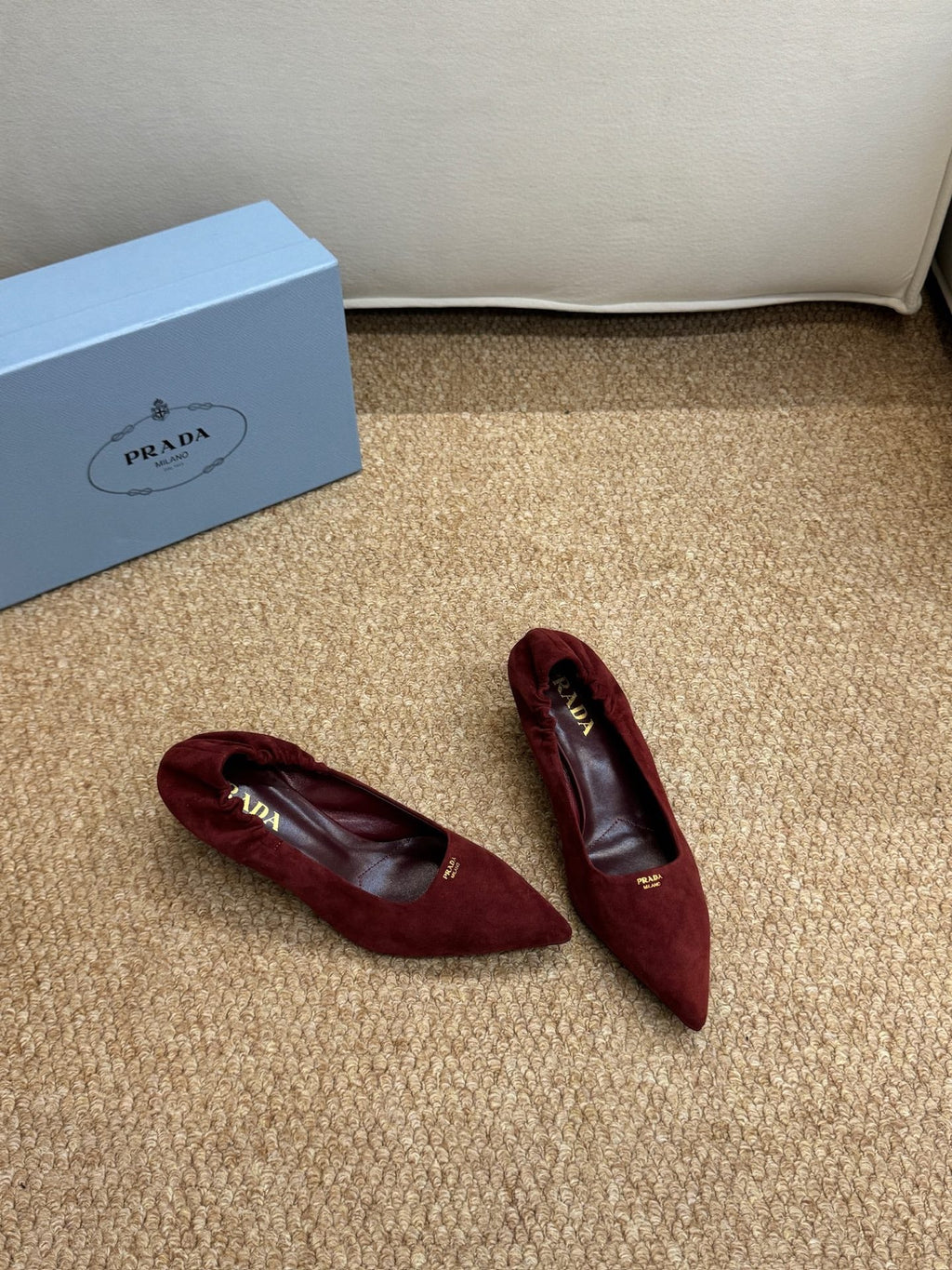 PRADA 26S POINTED TOE PUMPS 50MM IN DARK RED SUEDE