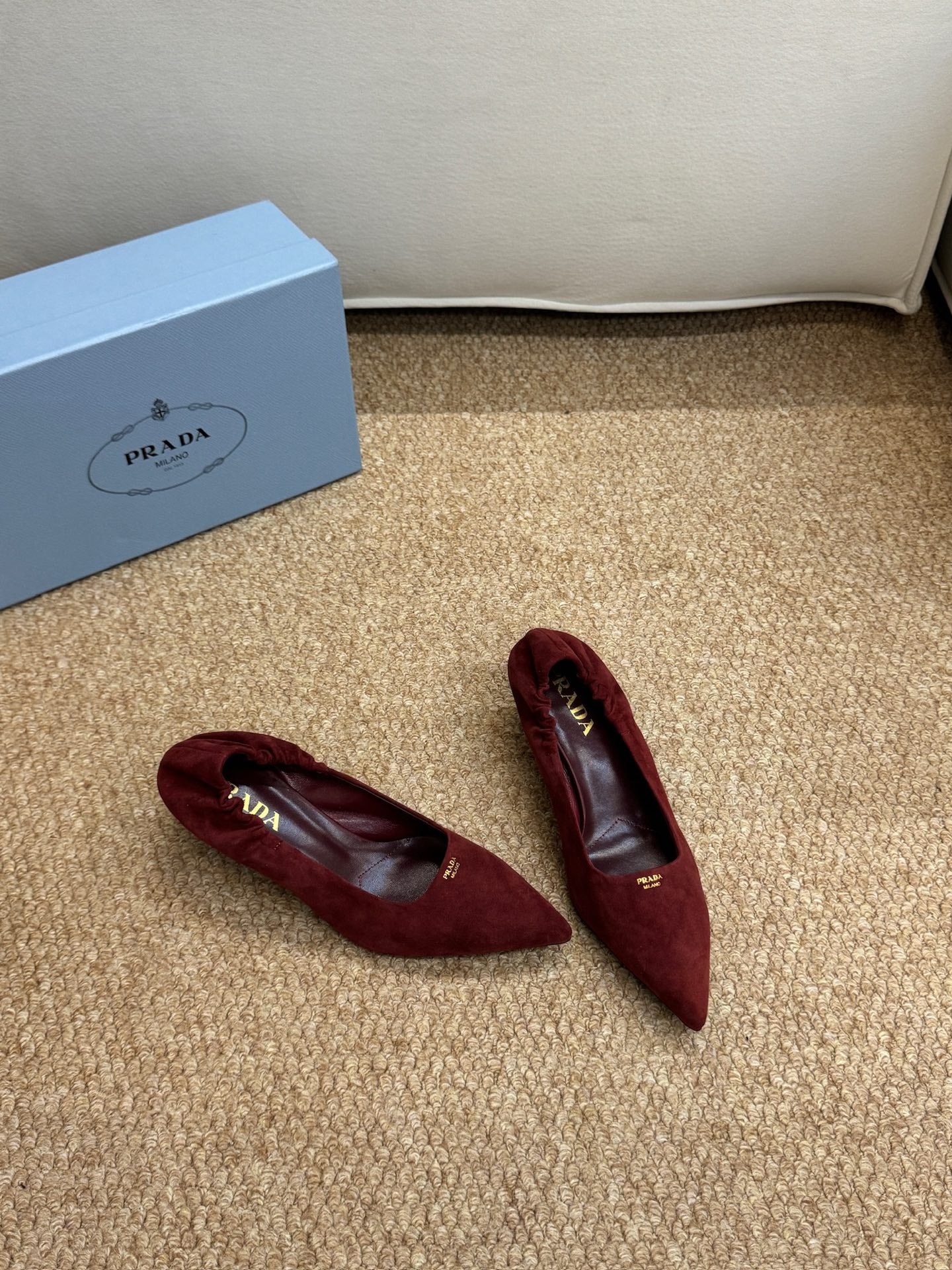 PRADA 26S POINTED TOE PUMPS 50MM IN DARK RED SUEDE