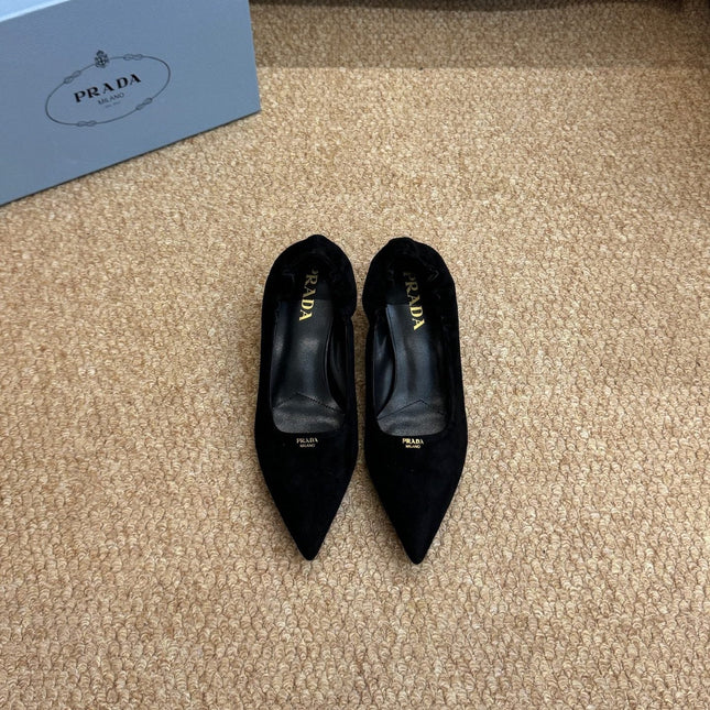 PRADA 26S POINTED TOE PUMPS 50MM IN BLACK SUEDE