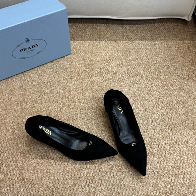 PRADA 26S POINTED TOE PUMPS 50MM IN BLACK SUEDE