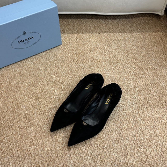 PRADA 26S POINTED TOE PUMPS 50MM IN BLACK SUEDE