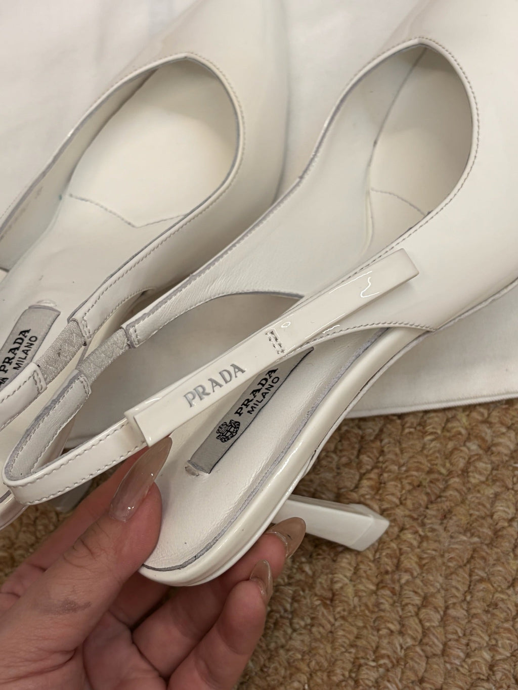PRADA 26S SLINGBACK PUMPS IN WHITE PATENT CALFSKIN