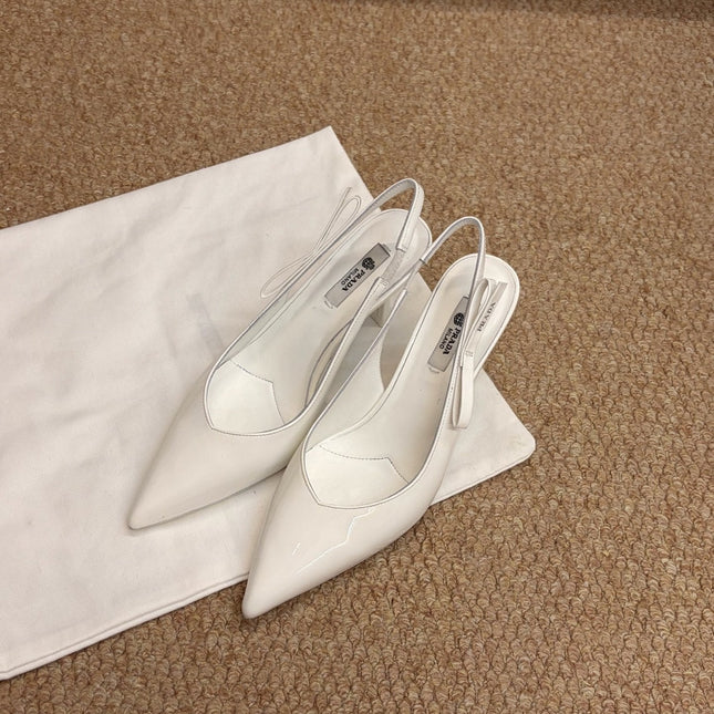 PRADA 26S SLINGBACK PUMPS IN WHITE PATENT CALFSKIN
