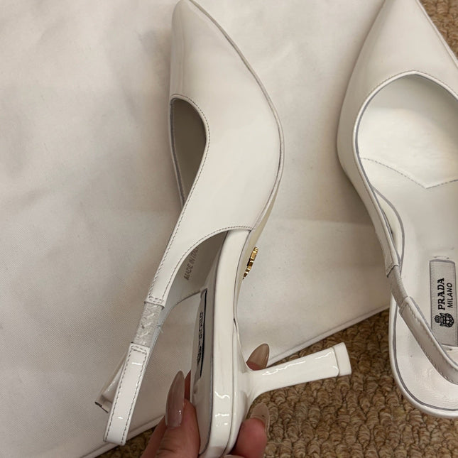 PRADA 26S SLINGBACK PUMPS IN WHITE PATENT CALFSKIN
